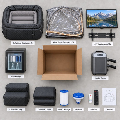 Everything in the box — inflatable spa (seats 7), clear dome canopy with LED, 45-inch weatherproof TV with bracket, mini fridge, heater pump, cushioned step, 2 thermal covers, filter cartridge, dispenser, remotes, manual