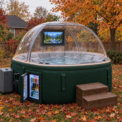 Forest Green — quilted green spa with clear dome, TV and mini fridge