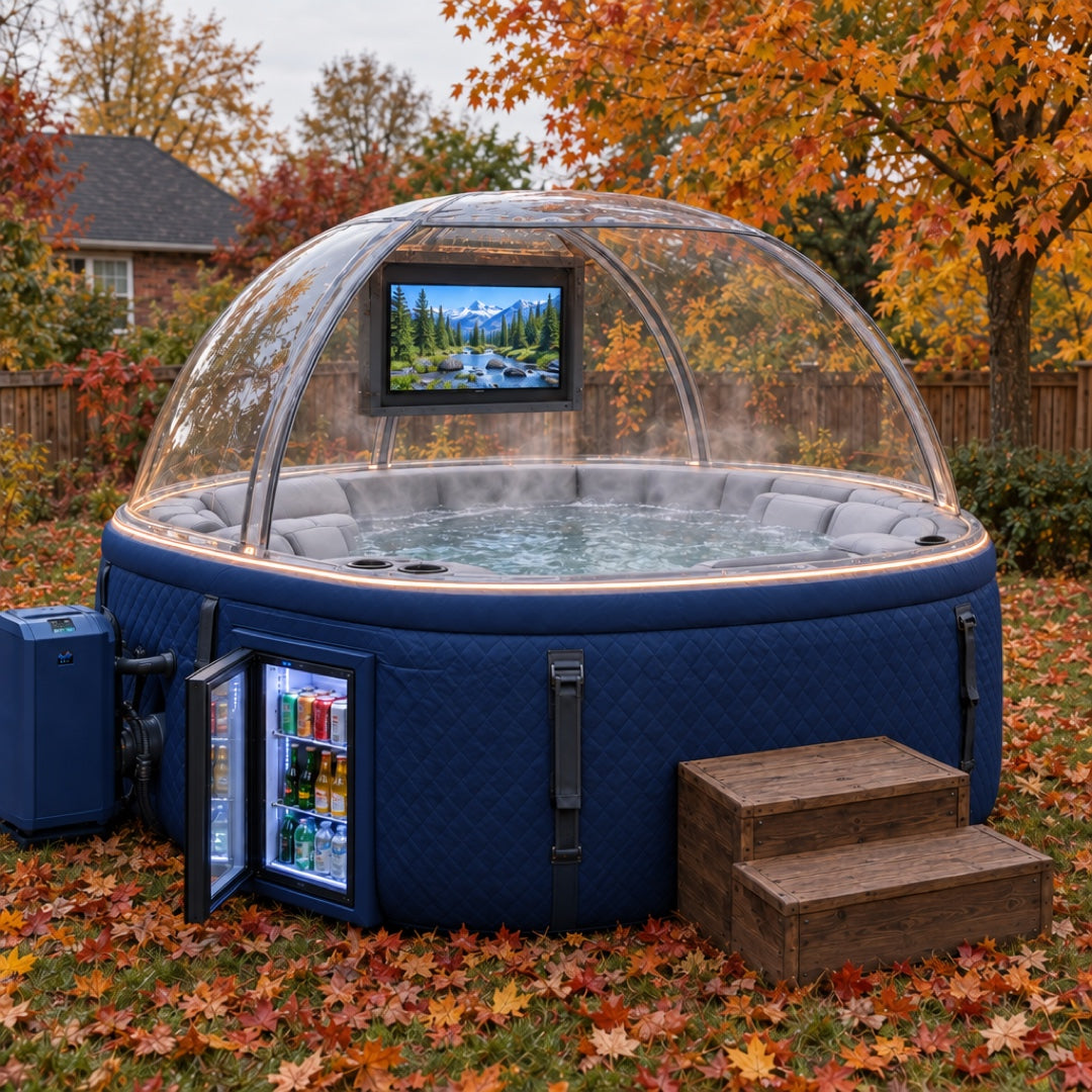 Navy Blue — quilted navy spa with clear dome, TV and mini fridge