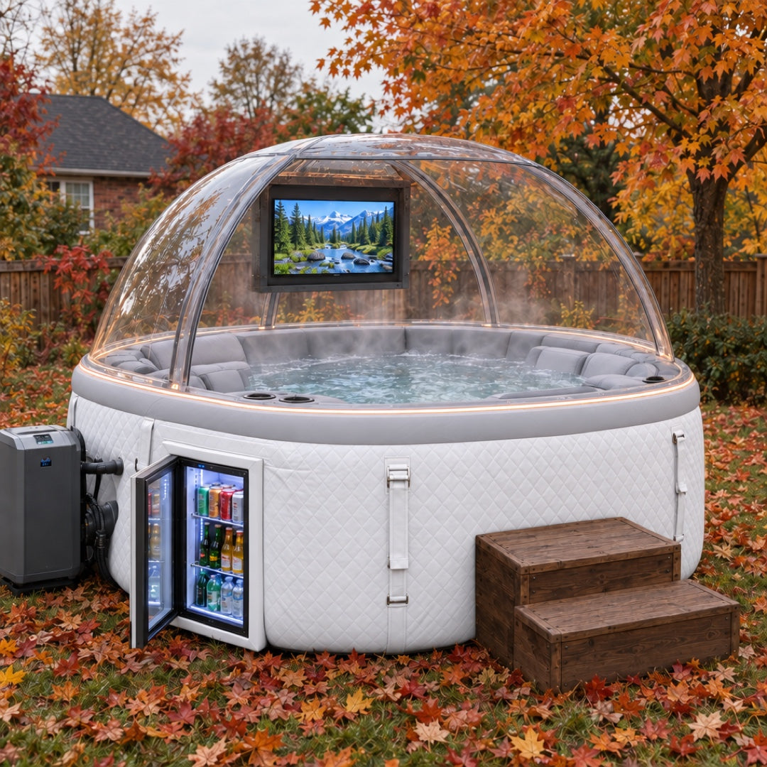 White — quilted white spa with clear dome, TV and mini fridge