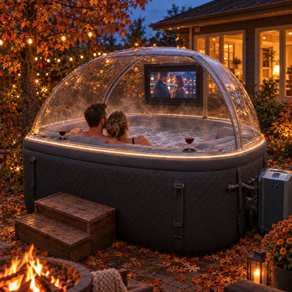 Date night — a couple watching a movie on the dome-mounted TV with wine in the rim cup holders, fire pit and string lights