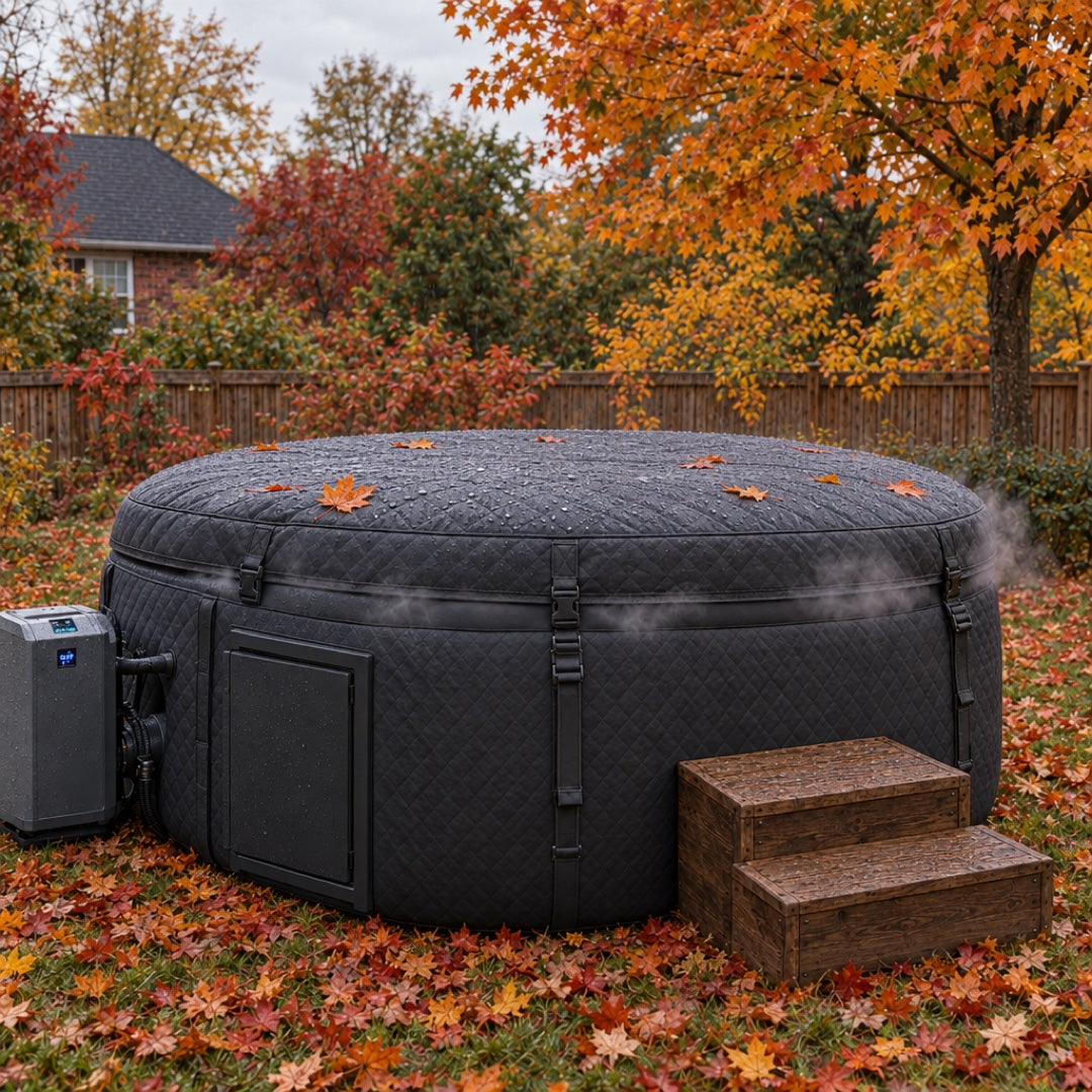 Thermal cover on between soaks — the quilted spa closed up in an autumn garden, steam rising, heater pump beside it