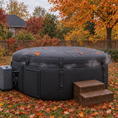 Thermal cover on between soaks — the quilted spa closed up in an autumn garden, steam rising, heater pump beside it