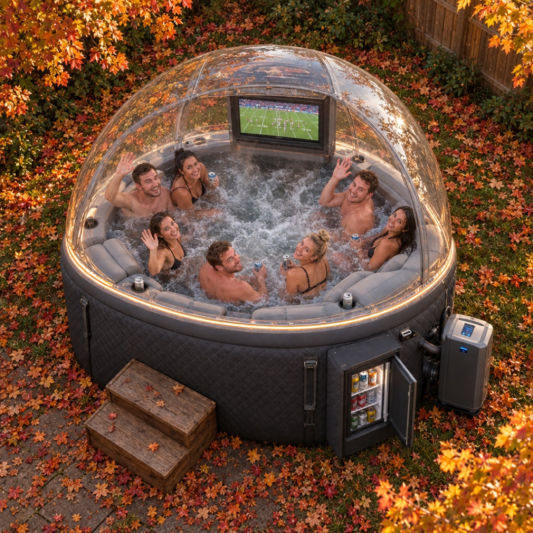 New & Improved inflatable hot tub from above — seven friends under the clear dome with the 45-inch TV, mini fridge and LED rim, autumn leaves all around