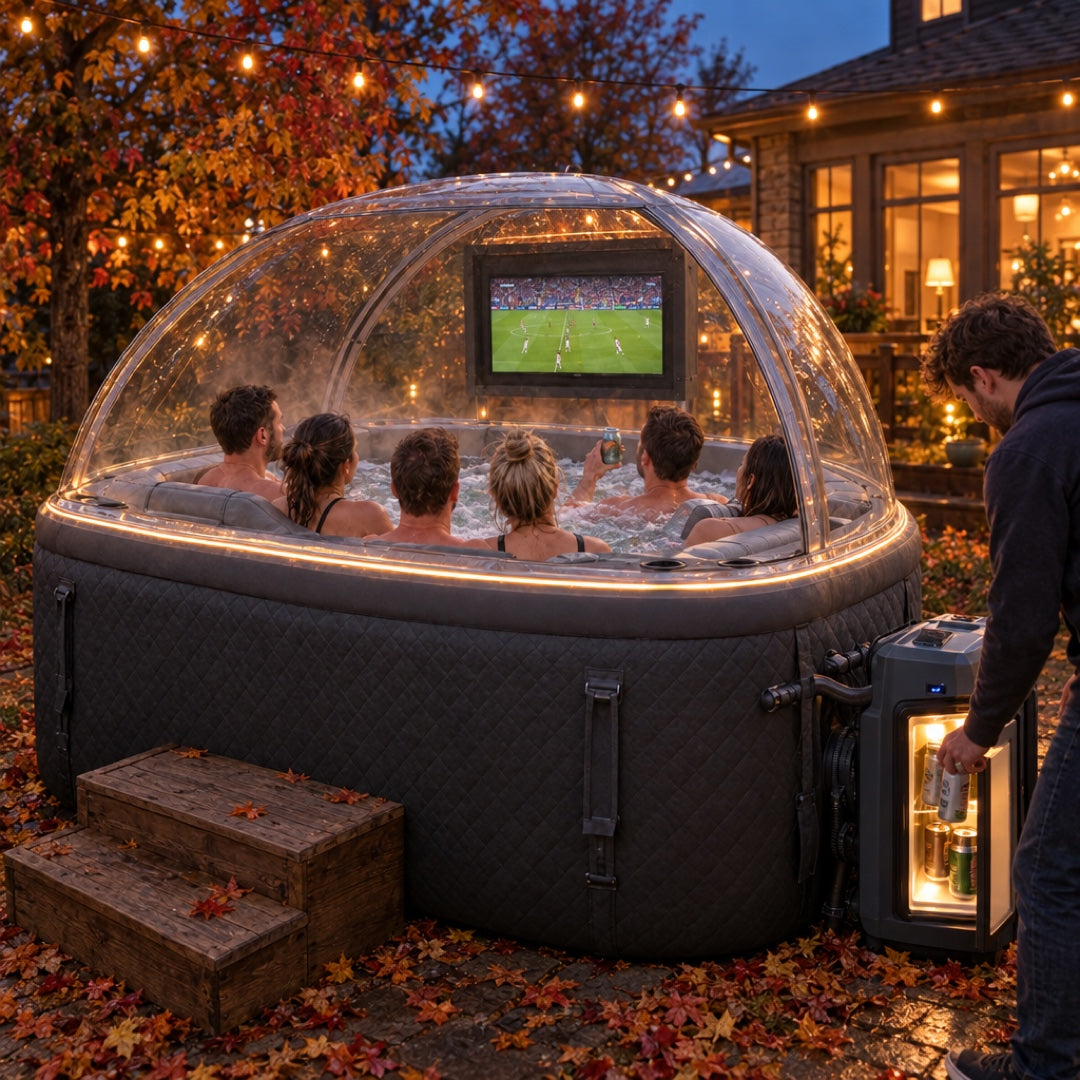 Watching the game at dusk — five friends in the hot tub under the dome, TV on, someone grabbing a drink from the mini fridge