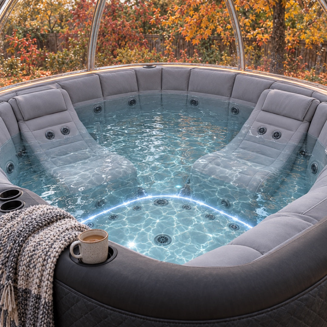 Inside the spa — two contoured loungers with back jets, wall jets, headrests, cup holders and underwater LED lighting