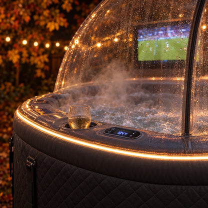 Night close-up — rim control panel reading 104°F, LED-lit rim, a glass in the cup holder and the TV glowing inside the dome
