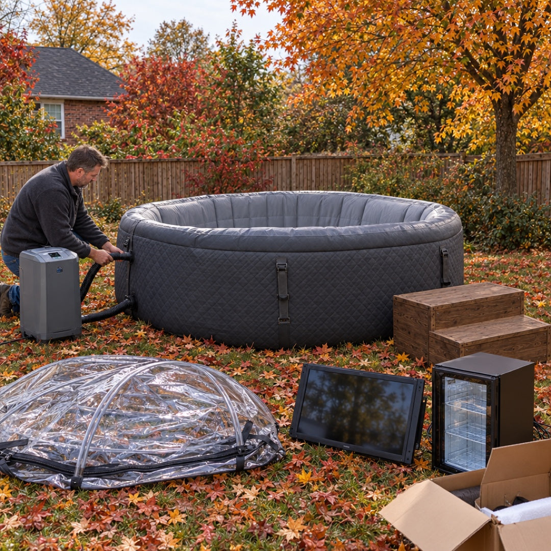 Set-up — inflating the spa with the heater pump, with the dome, TV, mini fridge and step laid out on the lawn