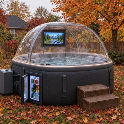 Side view in daylight — clear dome canopy with the mounted TV, mini fridge door open with cold drinks, heater pump and wooden steps