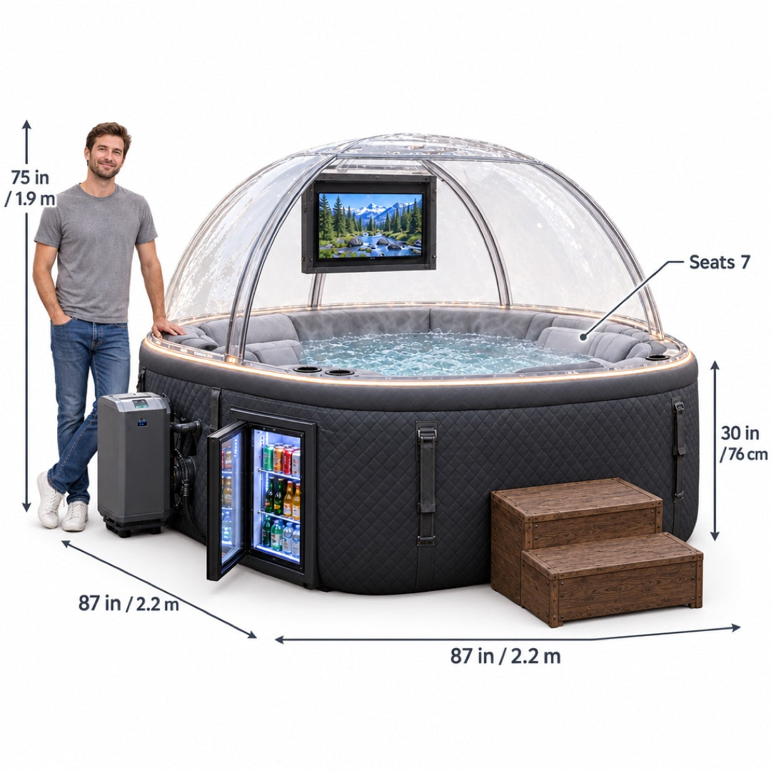 Size chart — 87 in / 2.2 m wide and deep, 30 in / 76 cm high, seats 7, shown next to a 75 in / 1.9 m adult