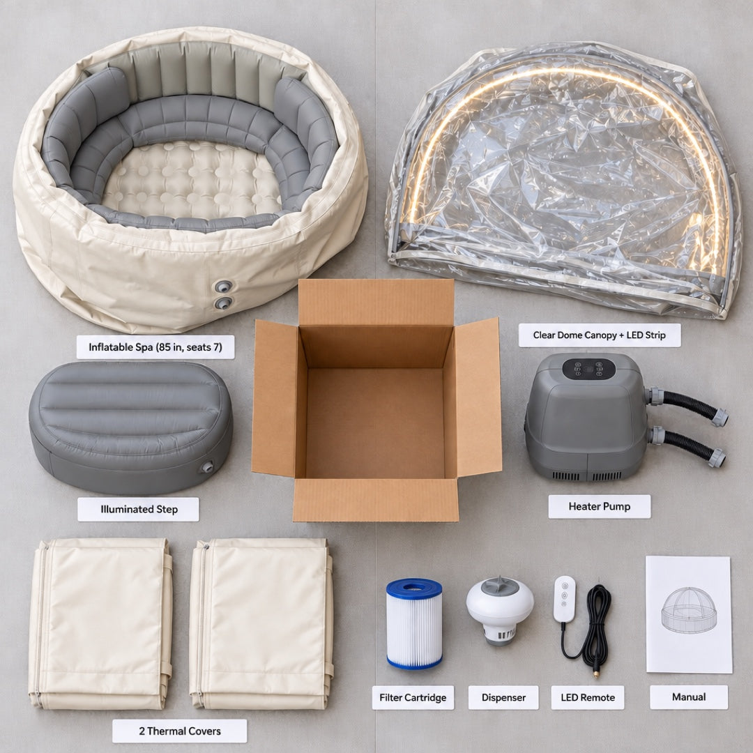 What's in the box — inflatable spa (85 in, seats 7), clear dome canopy with LED strip, illuminated step, heater pump, 2 thermal covers, filter cartridge, dispenser, LED remote, manual