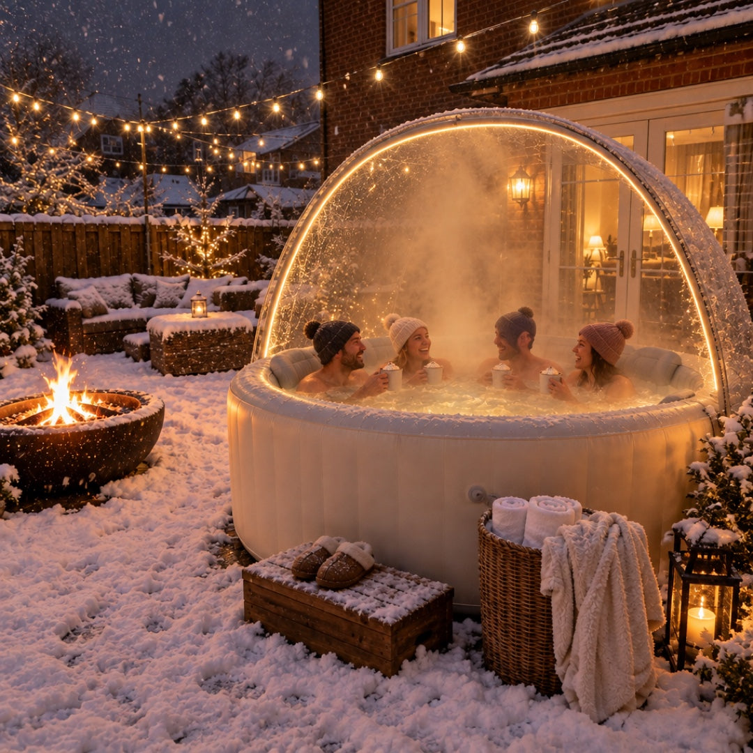 Winter Edition inflatable hot tub with clear dome canopy and ambient LED lighting — four friends with hot drinks on a snowy evening