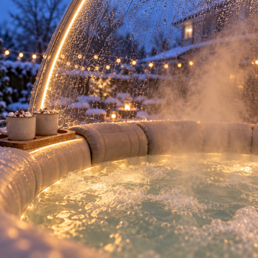 Inside the Winter Edition hot tub — bubbles, padded headrests, LED-lit rim and two mugs of hot chocolate under the clear dome