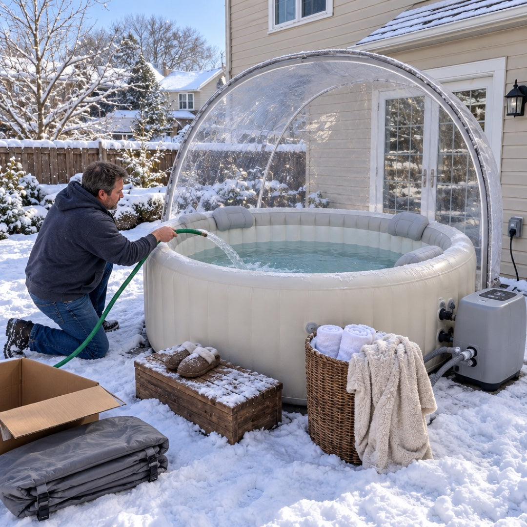 Setting up the Winter Edition hot tub in the snow — filling with a garden hose, heater pump plugged in beside the patio door
